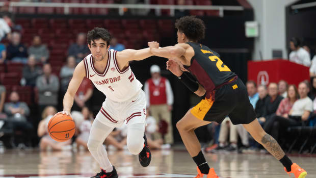 Feb 9, 2023; Stanford, California, USA; Stanford Cardinal guard Isa Silva (1) drives the ball against Arizona State Sun Devils guard Austin Nunez (2) during the first half at Maples Pavilion. Mandatory Credit: Stan Szeto-USA TODAY Sports